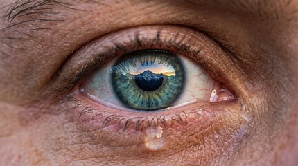 Fototapeta premium Macro Human Eye with Tear and Mountain Landscape Reflection
