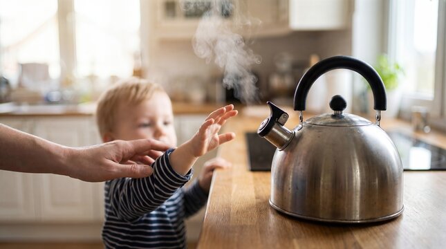 Parent Hand Stopping Toddler Reaching for Hot Boiling Kettle in Kitchen