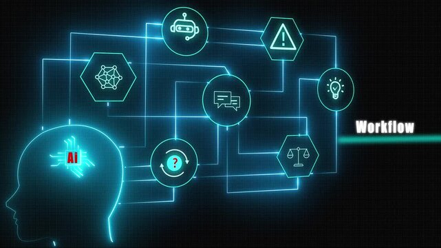 Futuristic AI workflow animation illustrating intelligent process orchestration and automated task management through advanced neural networks for modern business efficiency.
