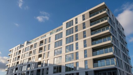 A modern multi-story building with balconies under a clear blue sky