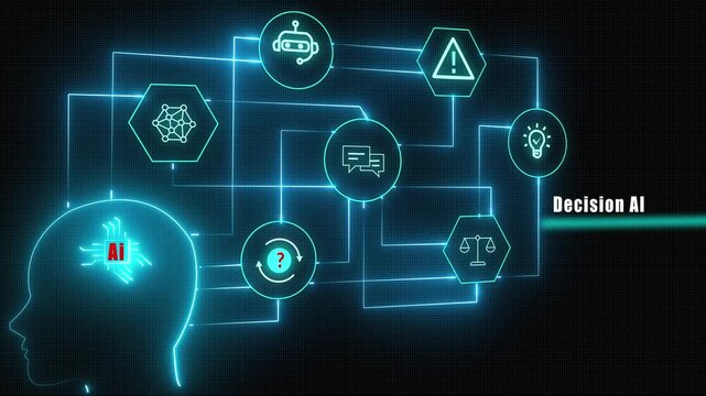Advanced decision ai animation representing artificial intelligence algorithms for automated reasoning and logical ethics within a futuristic digital brain silhouette.
