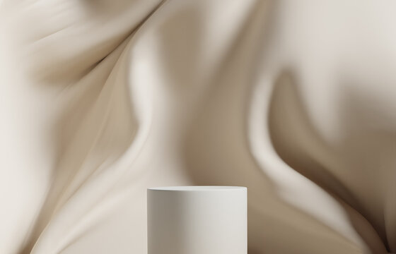3D display podium beige background. Luxury flying cloth in motion. Glamour minimal pedestal for beauty, cosmetic product presentation. Feminine bright template with copy space. Studio 3d render