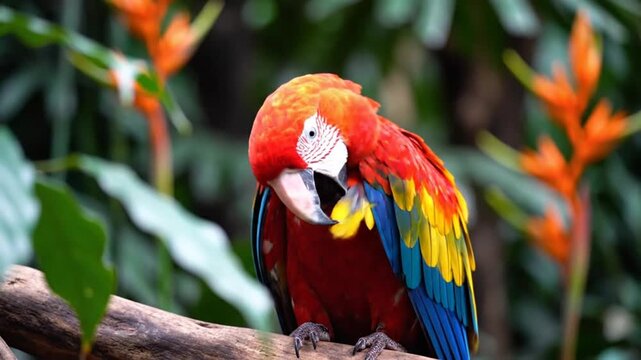 Scarlet macaw parrot perched on a branch preening its feathers in a tropical environment with orange flowers and foliage
