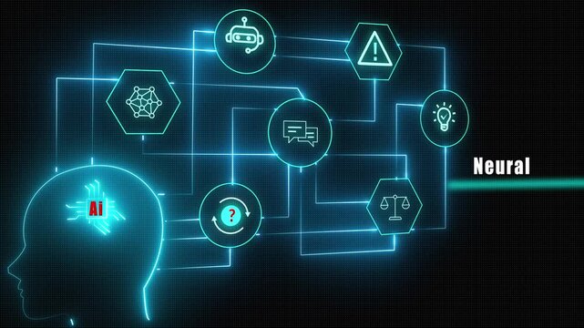 Advanced neural network animation depicting the connection between artificial intelligence and human brain patterns through complex digital nodes and data.
