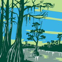 WPA poster art of the Apalachicola National Forest located in the Florida Panhandle near Tallahassee, Florida USA done in works project administration.