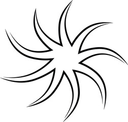 Fototapeta premium Black and white hand drawn spiral sunburst vector icon with curved rays isolated on white background for tribal tattoos minimalist logos and graphic design