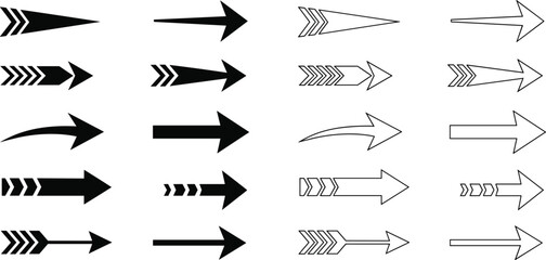 Fototapeta premium Collection of black solid and outline arrow icons isolated on white background, decorative directional symbols and geometric pointer set for web design and navigation.