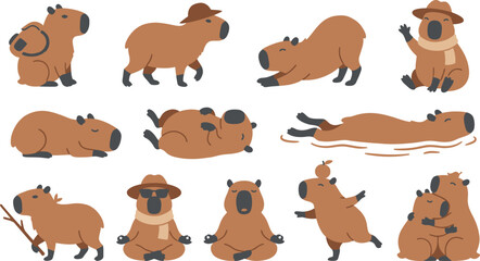 Obraz premium Various capybaras engaging in different activities in a serene natural setting, illustrated in a flat style from multiple viewpoints.