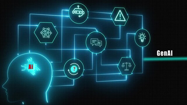 Generative AI animation showcasing synthetic media creation and neural networks generating text images and code through advanced machine learning technology.
