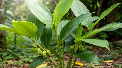 Obraz premium A vibrant green plant with distinctive leaves and developing fruit pods growing in a natural, sun-dappled forest environment.