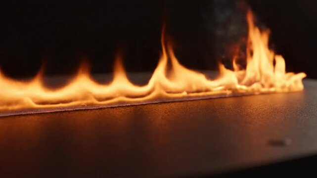 Close-up of a line of fire burning on a flat black surface with smoke rising against a dark backdrop