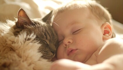 ぐっすり眠る赤ちゃんと寄り添う猫の癒しのひととき