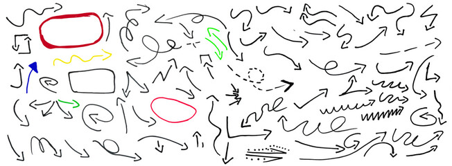 Hand drawn scribble style with black pen creating round circle underline strokes, rectangle frame doodle arrow elements shaping vector set kit bundle for highlight text in dynamic oval line theme.