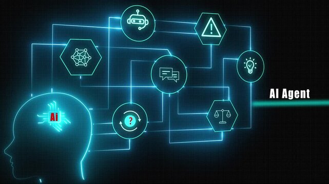 AI agent animation showing intelligent digital assistants managing complex workflows and automated tasks using advanced machine learning for business productivity.
