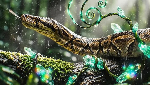 A detailed python with glowing crystals amidst rain-soaked mossy branches in a magical forest setting.