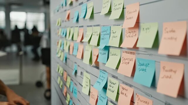 A person places a new user story card on a sprint board while many pastel sticky notes show tasks. The workspace is lively with hints of team collaboration visible in the background