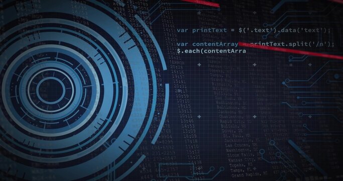 Showing blue concentric HUD rings filling left in grid display, with code columns and red streaks