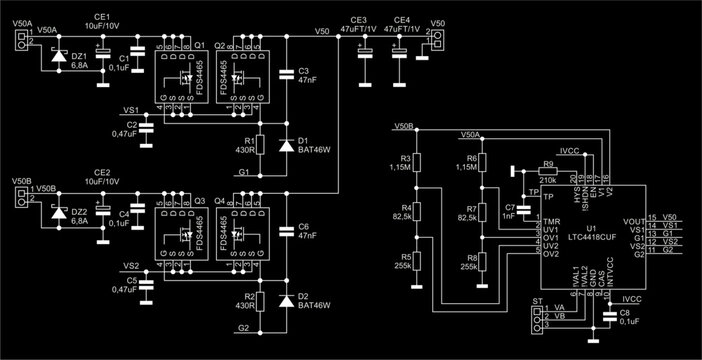 Schematic diagram of electronic device.
Vector technical drawing electrical circuit with 
microcontroller, resistor, capacitor,
integrated circuit, diode,
other components on paper sheet.