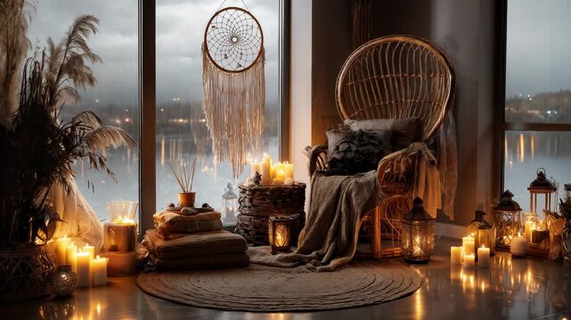 A bohemian living room shows a rattan armchair with a blanket and candles glowing around it. Incense smoke drifts as rain falls outside the tall window creating reflections on the floor