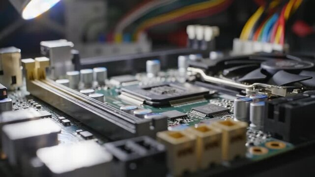 Close-up view of a computer motherboard with various components and fan for cooling in a dark environment