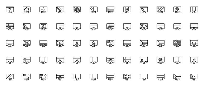 Flags of the World icon set. Vector flag collection. Includes Israel, European Union, Switzerland, Trinidad and Tobago, Macedonia, Malta, Aruba and more. Editable thin line flags.