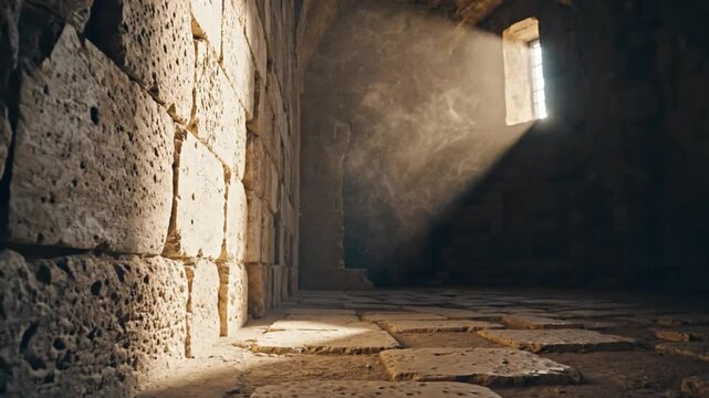 Sunlight streaming through a small window illuminating a dusty ancient stone room, peaceful and serene atmosphere