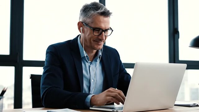 Businessman works on laptop.