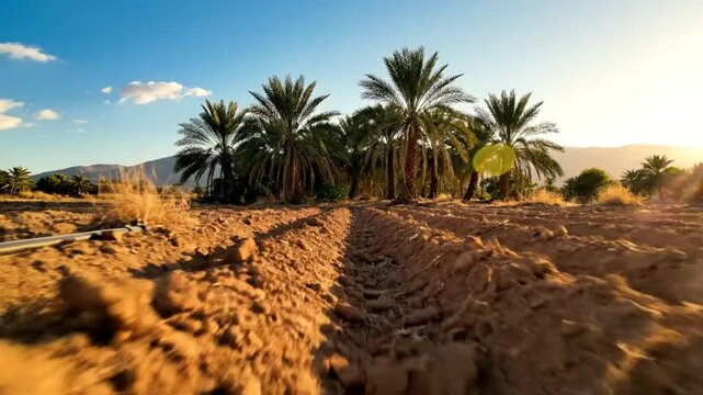 Low angle view of cultivated land with rows, irrigation, palm trees, mountains, and bright sunshine