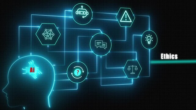 Futuristic neon animation depicting artificial intelligence ethics concepts, including transparency fairness accountability digital privacy and human centered regulation for modern technology.

