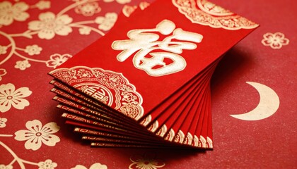 Fototapeta premium Stack of red envelopes with gold Chinese characters for luck and prosperity