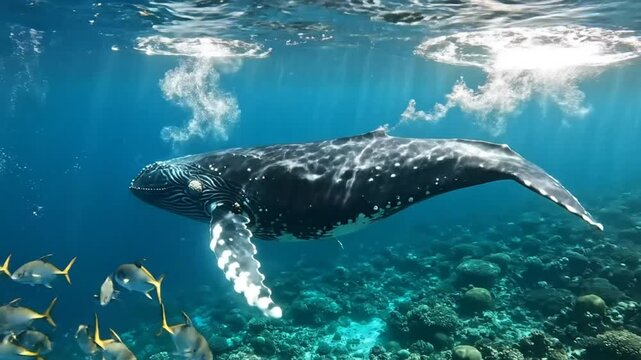 Graceful humpback whale swimming gracefully underwater in a coral reef with sunlight glistening on its body.