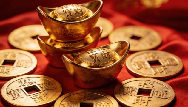 Golden Chinese ingots and ancient coins arranged on a red silk cloth for prosperity