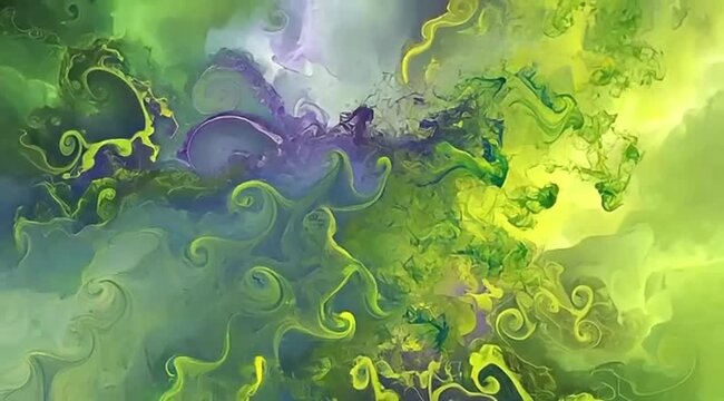 Abstract swirling fluid simulation with green and purple colors