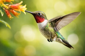Fototapeta premium Ruby-throated hummingbird feeding on nectar from a vibrant orange flower