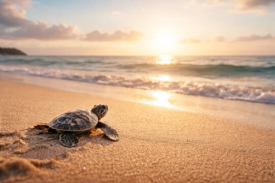 Tiny sea turtle hatchling makes its way towards the ocean at sunrise on a sandy beach