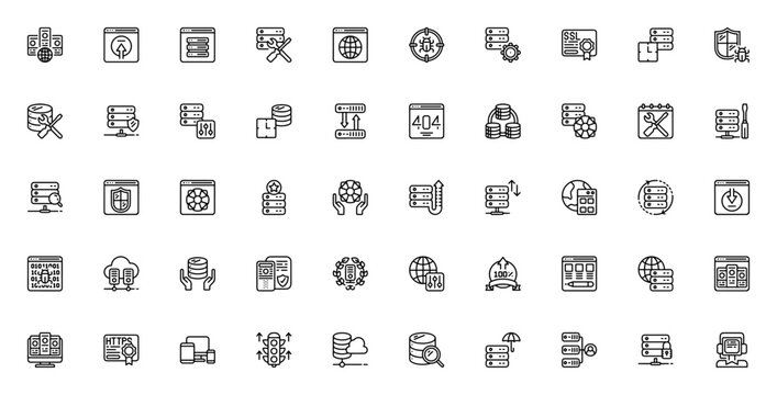Web Hosting icon set. Vector server and tech symbols. Includes globe, upload, server, SSL, shield, database, error 404, bandwidth, cloud, tech support and more. Editable stroke.