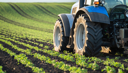 Obraz premium Modern Agricultural Tractor Working On Cultivated Green Field