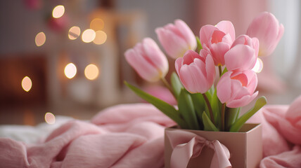 Kartka z życzeniami na międzynarodowy dzień kobiet. Kobieta i tulipany.