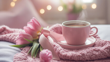 Fototapeta premium Kartka z życzeniami na międzynarodowy dzień kobiet. Kobieta i tulipany.