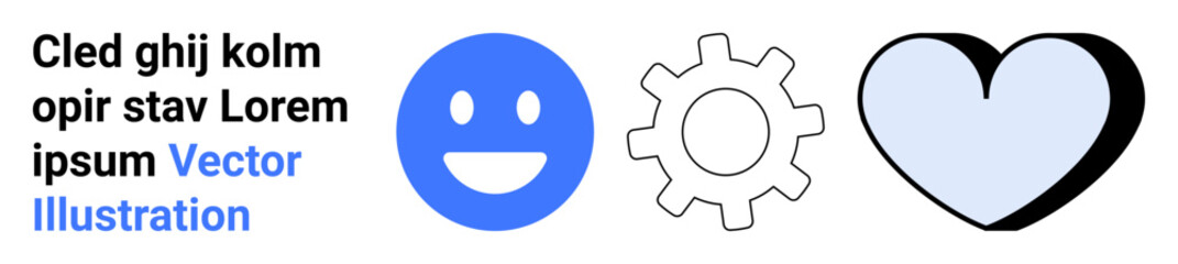 Fototapeta premium Happiness, technology, love, emotion, connection, and support. A blue smile face, gear icon and heart symbol. Happiness and technology concepts illustrated through minimalistic symbols
