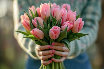 Kartka z życzeniami na międzynarodowy dzień kobiet. Kobieta i tulipany.