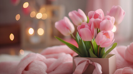 Kartka z życzeniami na międzynarodowy dzień kobiet. Kobieta i tulipany.