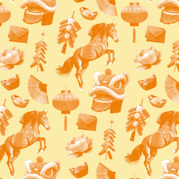 Traditional Chinese new year seamless pattern, Chinese new year illustration vector, line drawing vintage style.