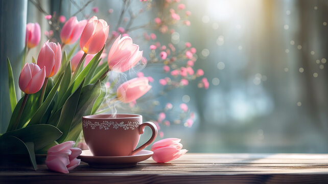 Kartka z życzeniami na międzynarodowy dzień kobiet. Kobieta i tulipany.