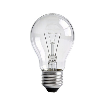 Incandescent light bulb with clear glass and metal screw base. Shows filament structure, used for illumination. Represents traditional lighting technology.