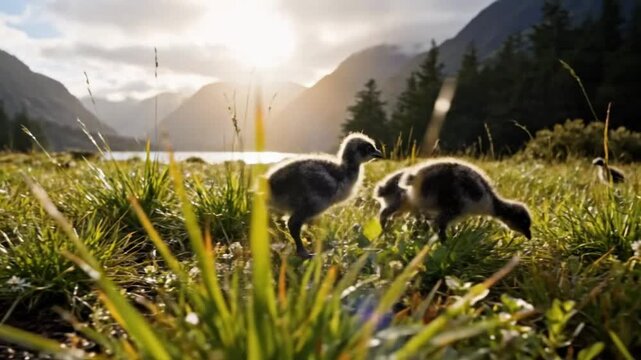 Baby goslings exploring a lush meadow with a lake and mountains in the background under a bright sun