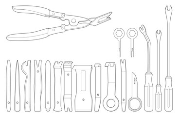 Vector illustration of automotive interior repair tools. Isolated on white. Black line design. Tool set.
