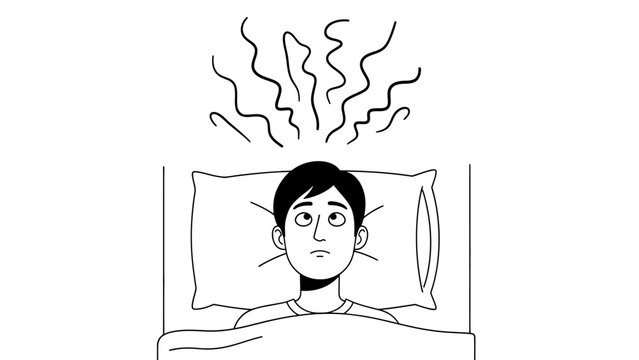 Man lying in bed unable to sleep with thoughts swirling.