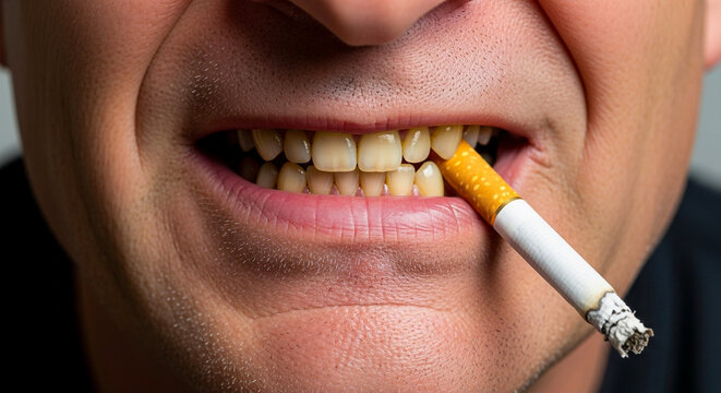 Man smoking cigarette between teeth in close-up view