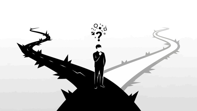 Man standing at a crossroads with thorny and smooth paths symbolizing difficult choices.